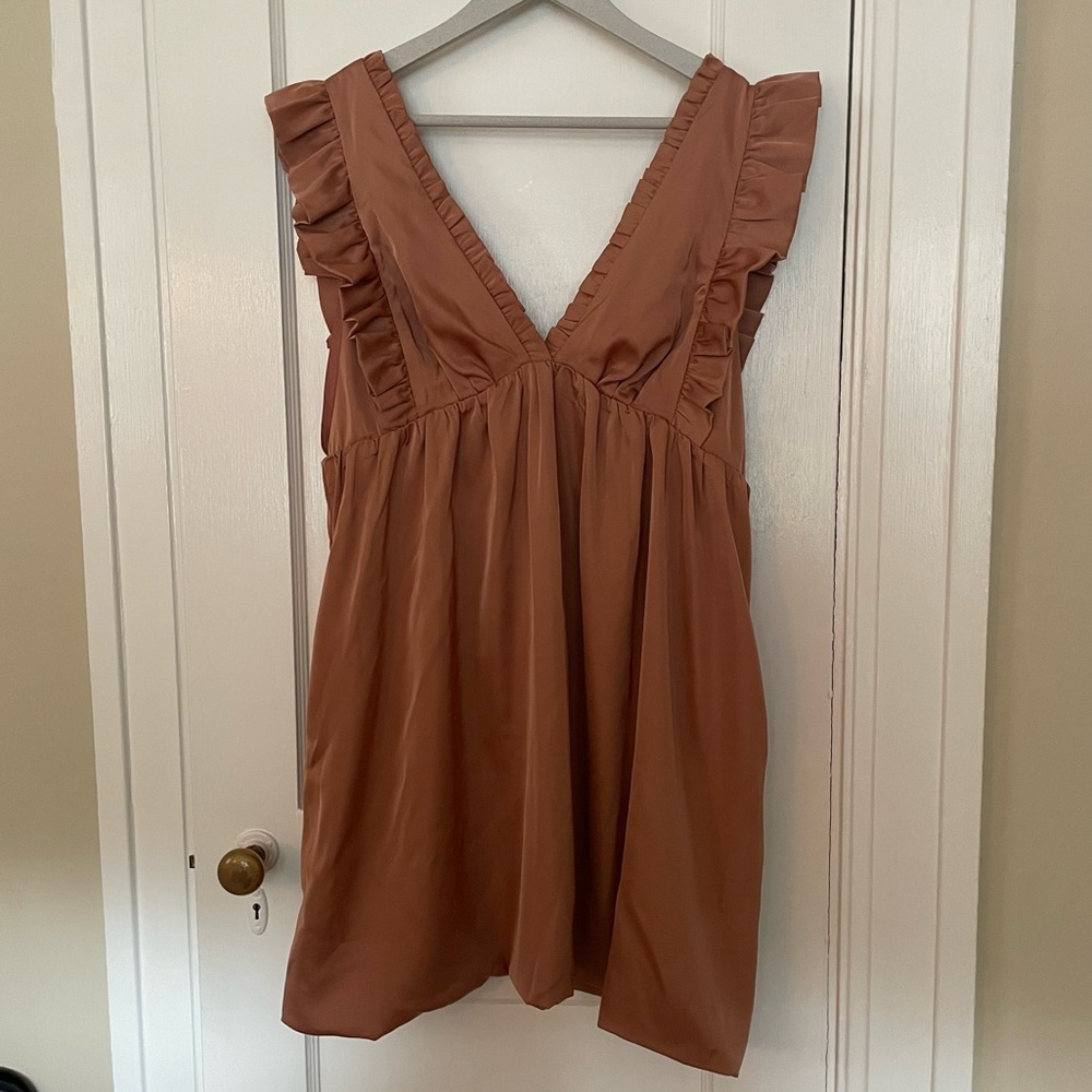 V-Neck Party Dress — Copper, Burnt Orange,  Double Deep-V, Mini